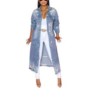 Women's Spring Fashion Ripped Holes Maxi Long Denim Jacket Trench Coat